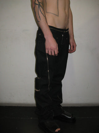 RAW DENIM ZIPPED BIKER JEANS