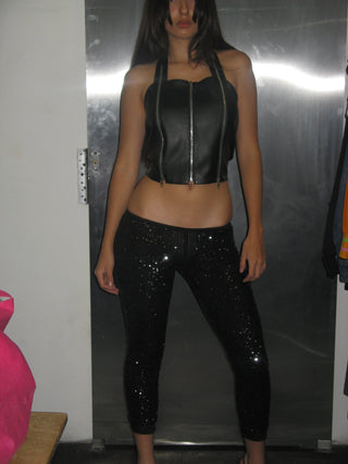 SEQUINED LOW-RISE CAPRI LEGGINGS
