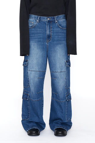 DENIM FLARED CUT CARGO PANTS