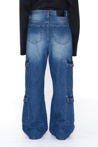 DENIM FLARED CUT CARGO PANTS